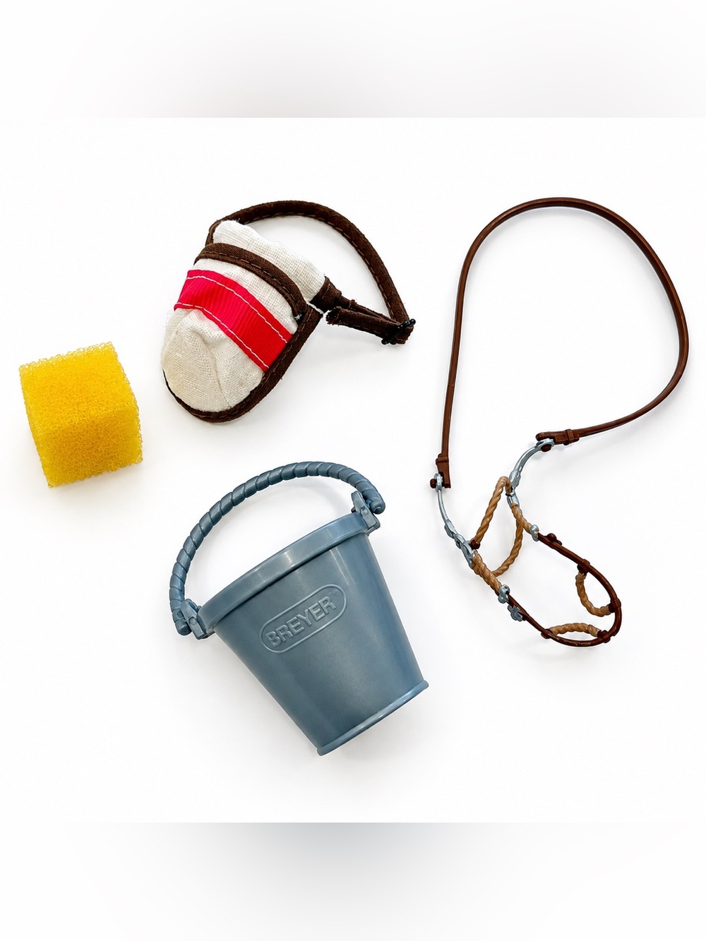 Lot Breyer Replacement Tack Set Canvas Feed Bag Bridle Lead Silver Bucket Sponge